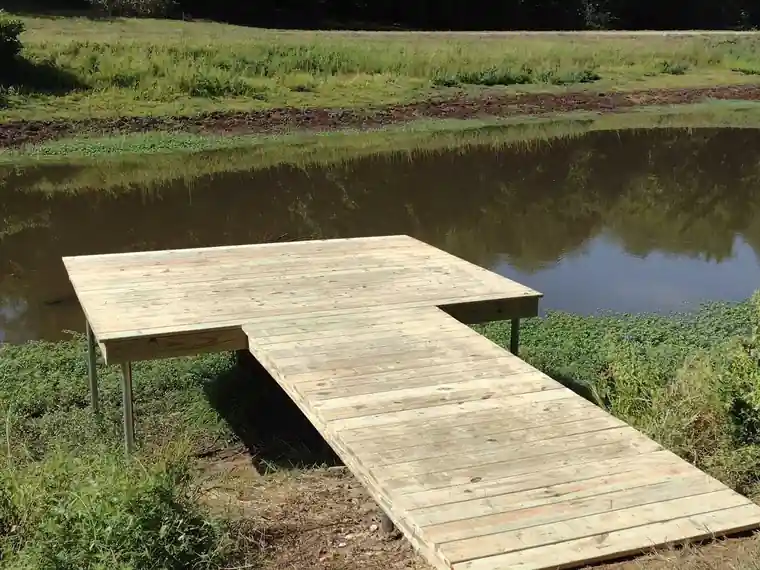 New T-shaped pine dock standing on legs over a green pond with a grass bank